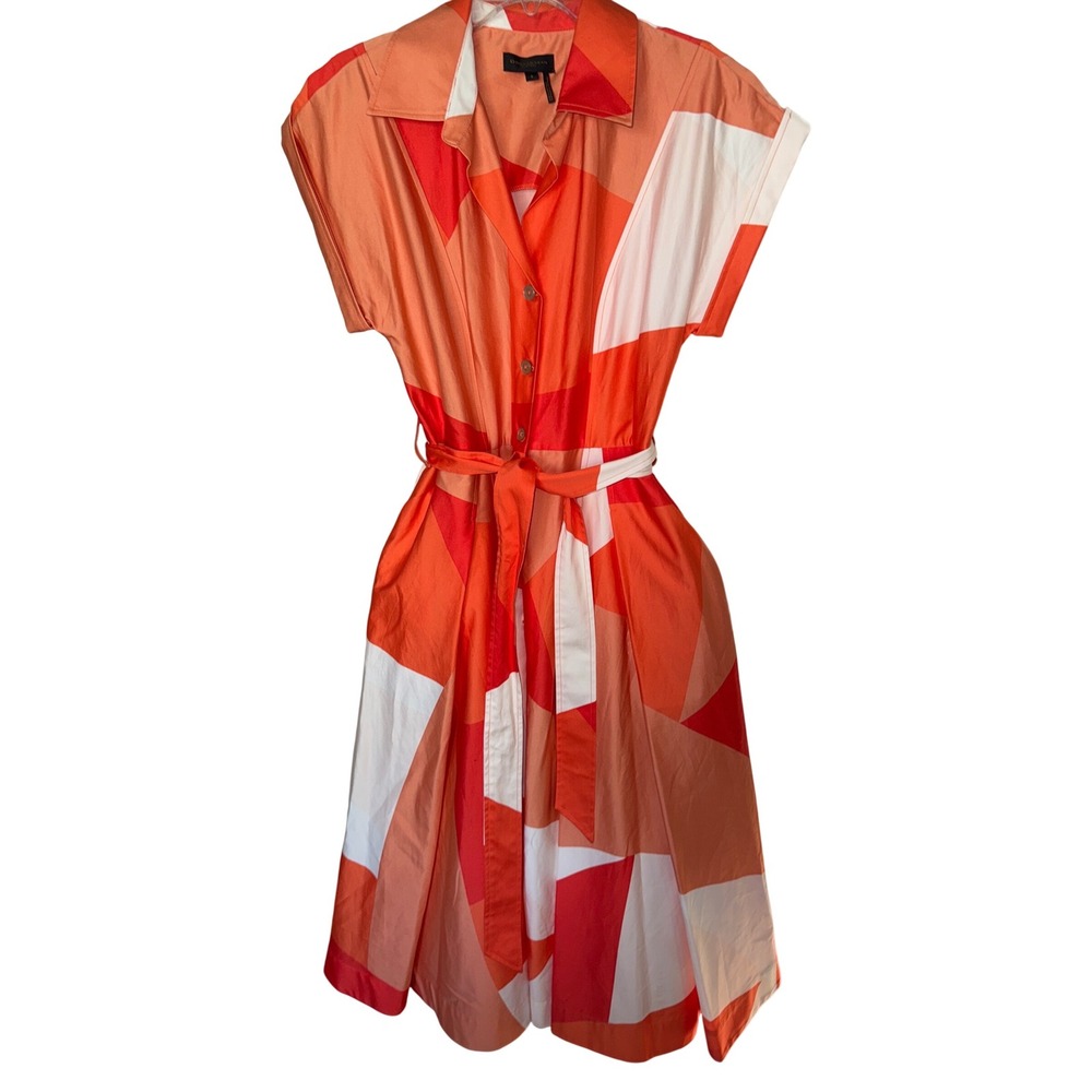 Donna‎ Karan Collared Neck Tie Waist Geometric Color Block Midi Dress Orange   8